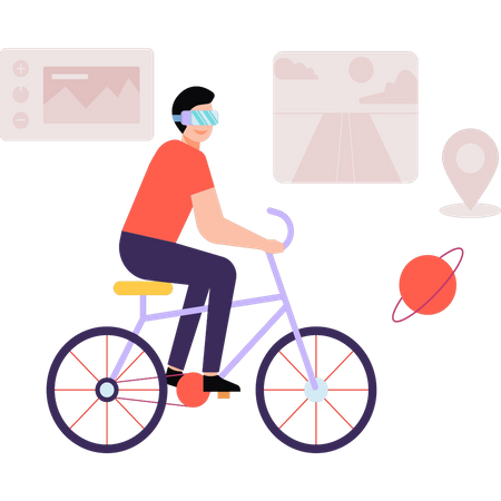 Boy riding a bicycle wearing VR glasses Illustration
