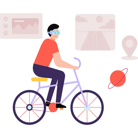 Boy riding a bicycle wearing VR glasses  Illustration