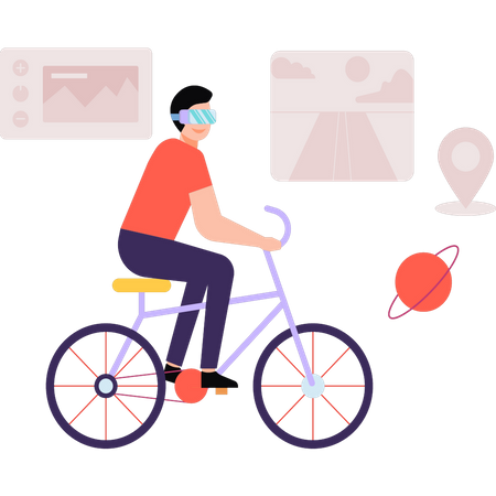 Boy riding a bicycle wearing VR glasses  Illustration