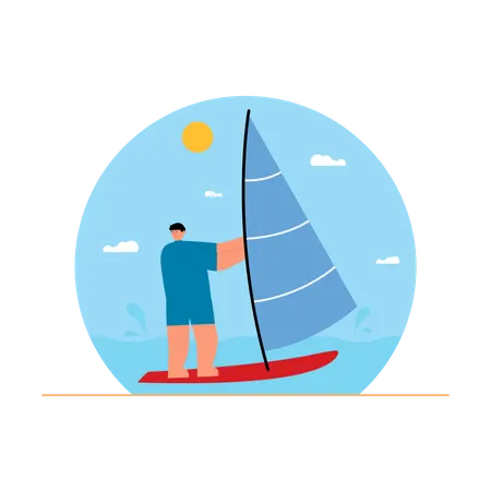 Boy riding boat at beach Illustration