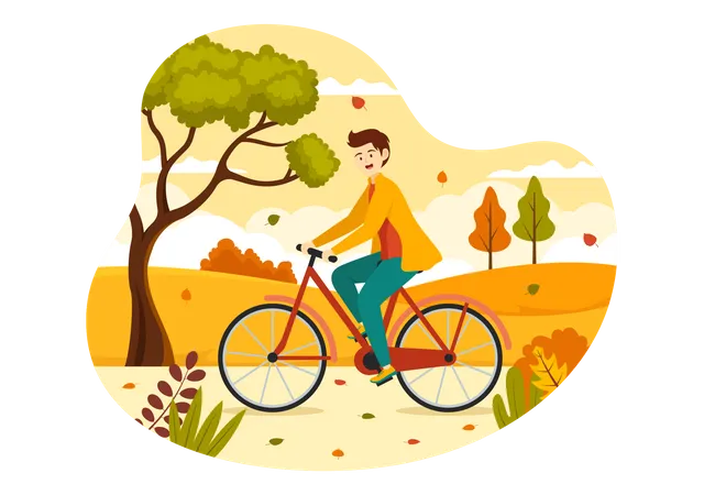 Boy riding cycle in Autumn park  Illustration