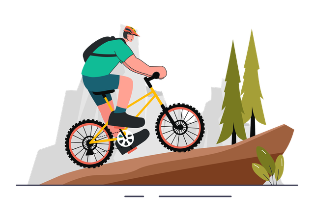 Boy riding cycle up on mountains  Illustration