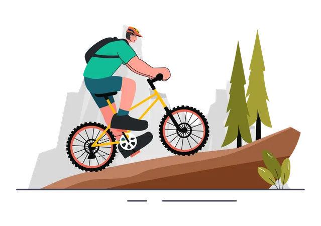 Boy riding cycle up on mountains  Illustration