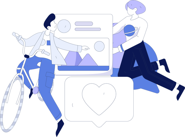 Boy riding cycle while girl doing social media marketing  Illustration