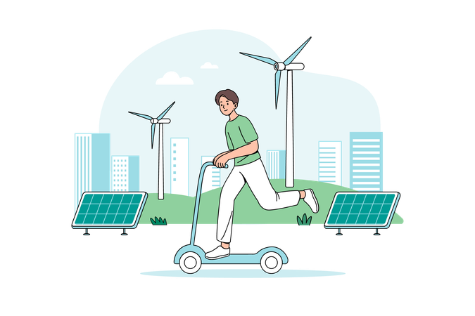 Boy riding electric scooter renewable energy  Illustration