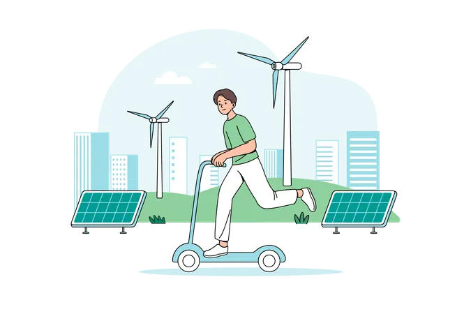 Boy riding electric scooter renewable energy  Illustration
