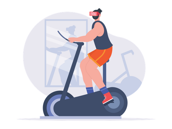 Boy riding exercise bike while wearing VR goggles Illustration