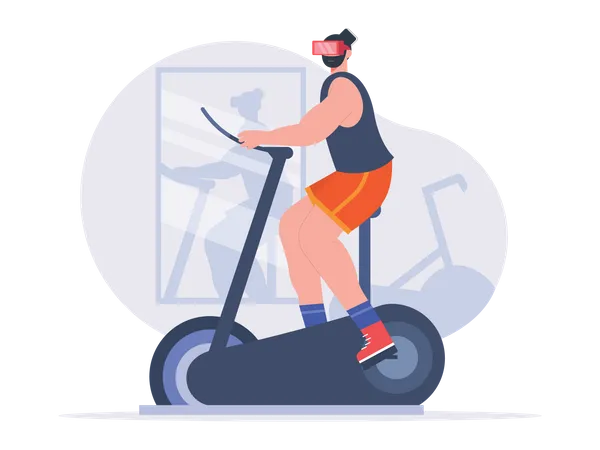 Boy riding exercise bike while wearing VR goggles Illustration