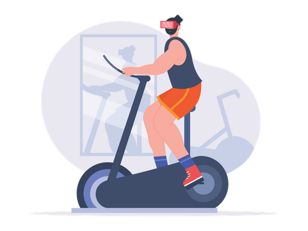Boy riding exercise bike while wearing VR goggles  Illustration
