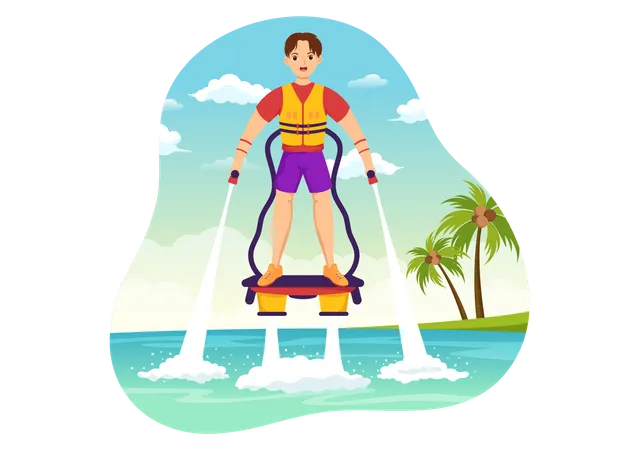 Flyboard Illustration With People Riding Jet Pack In Summer Beach Vacations In Flat Extreme Water Sport Activity Cartoon Hand Drawn Templates Illustration