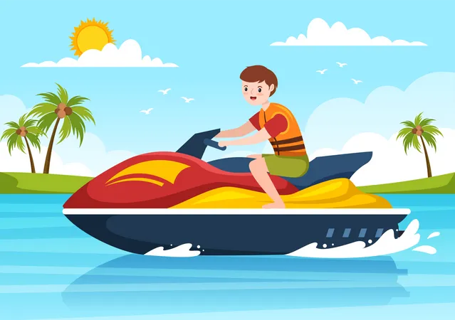 Playing Banana Boat And Jet Ski Holidays On The Sea In Beach Activities Template Hand Drawn Cartoon Flat Illustration Illustration