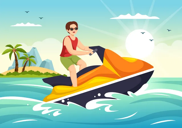 Boy riding jet ski at beach  Illustration