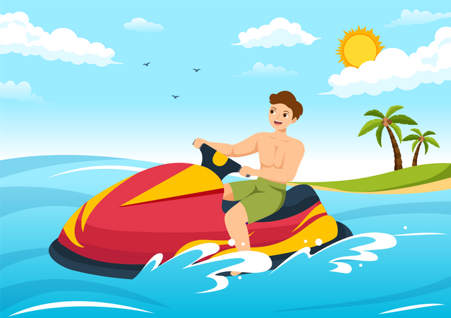 Boy riding jet ski at ocean  Illustration