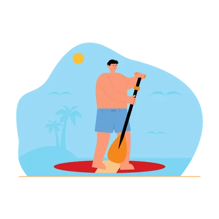 Boy riding kayak at beach  Illustration