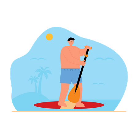 Boy riding kayak at beach  Illustration