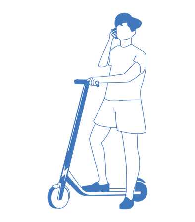 Boy riding kick scooter while talking on phone Illustration