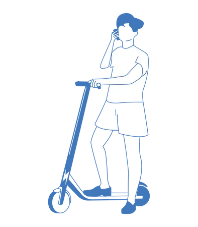 Boy riding kick scooter while talking on phone Illustration