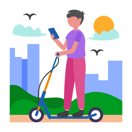 Boy riding on scooter in park  Illustration