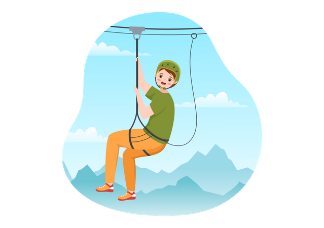 Boy riding on zip line Illustration
