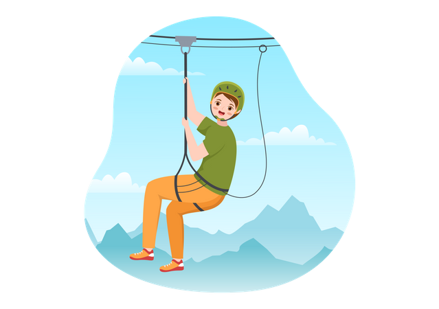 Boy riding on zip line  Illustration