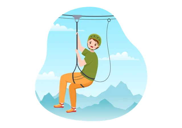 Boy riding on zip line  Illustration