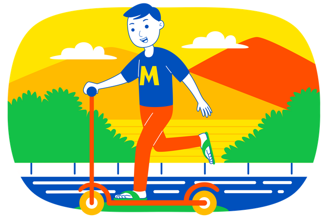 Boy riding scooter  Illustration