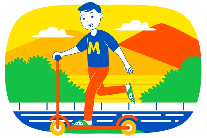 Boy riding scooter  Illustration