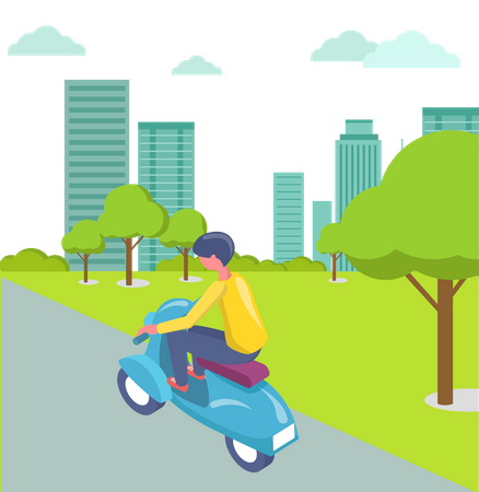 Boy riding scooter in city  Illustration