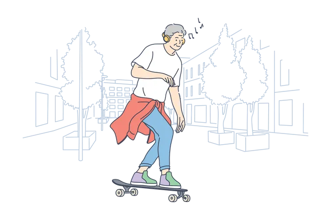 Boy riding skateboard listening music and performing tricks  Illustration