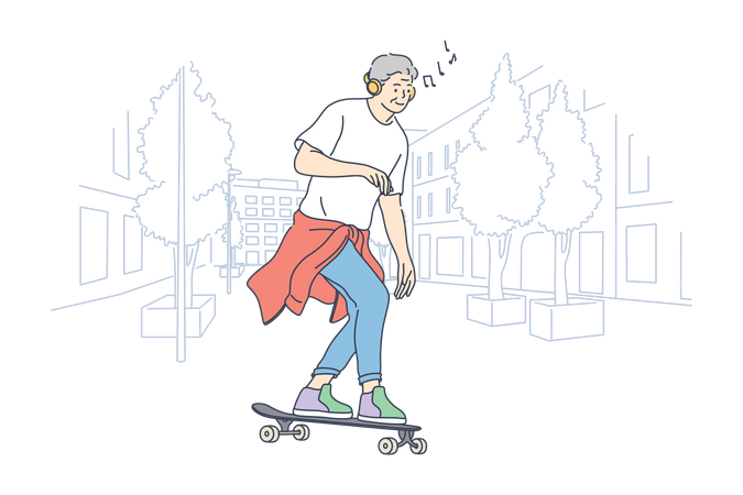 Boy riding skateboard listening music and performing tricks  Illustration