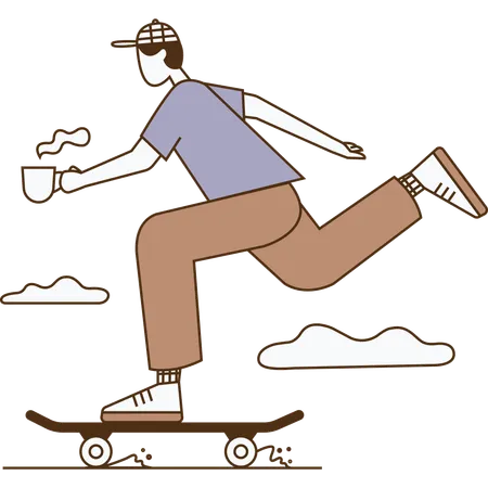 Boy riding skateboard while drinking coffee  Illustration