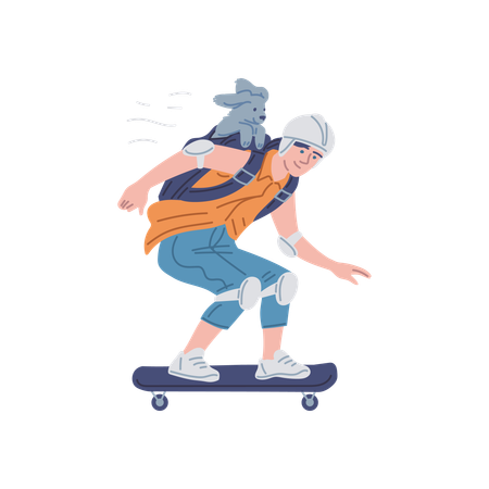 Boy riding skateboard with dog in backpack  Illustration