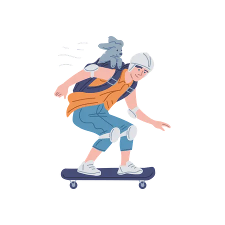 Boy riding skateboard with dog in backpack  Illustration