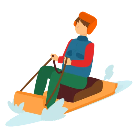 Boy riding snow cart  Illustration