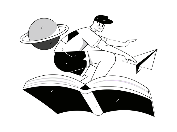 Boy riding space on book  Illustration