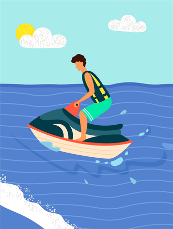 Boy riding speedboat at beach  イラスト