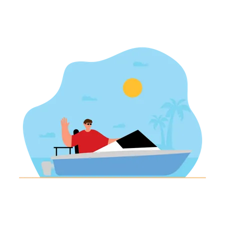 Boy riding speedboat at beach  Illustration