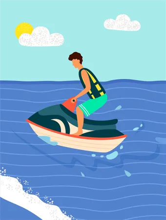 Boy riding speedboat at beach  Illustration