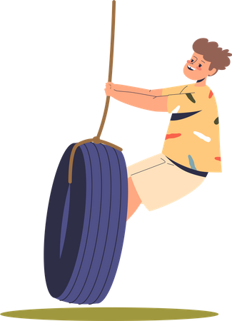 Boy riding tyre swing Illustration