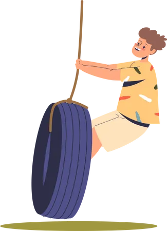Boy riding tyre swing Illustration