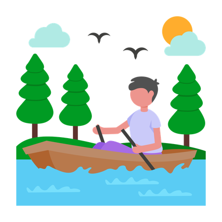 湖でボートを漕ぐ少年  イラスト
