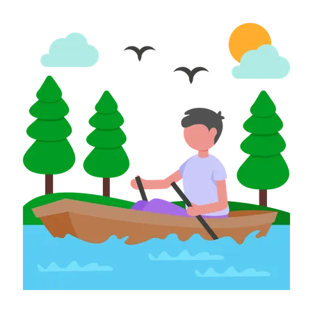 湖でボートを漕ぐ少年  イラスト