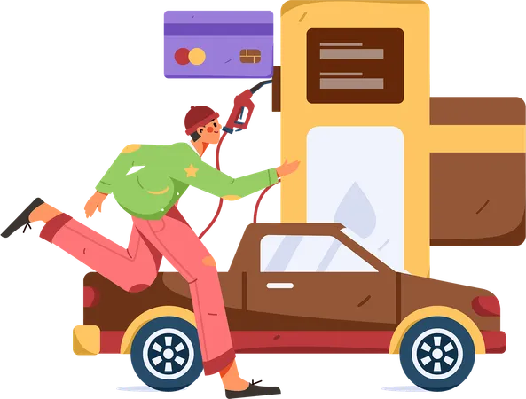 Boy running at fuel pump while refuelling car  Illustration