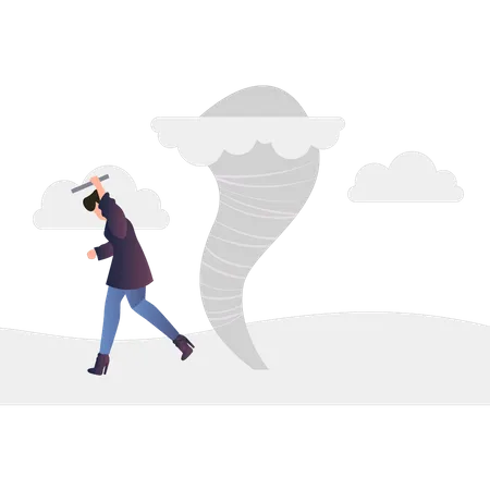Boy running away from storm Illustration