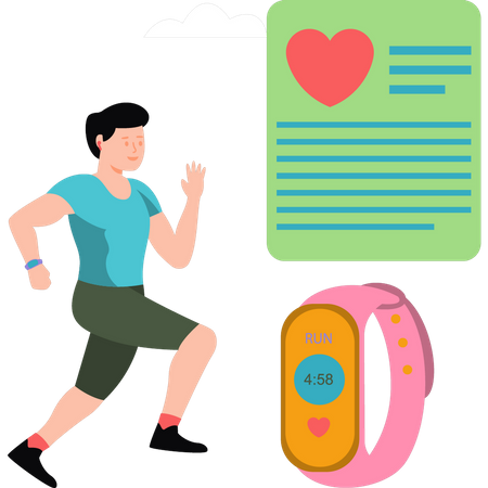 Boy running for exercise with health watch  Illustration