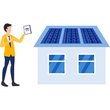 Boy running house on solar panel  Illustration