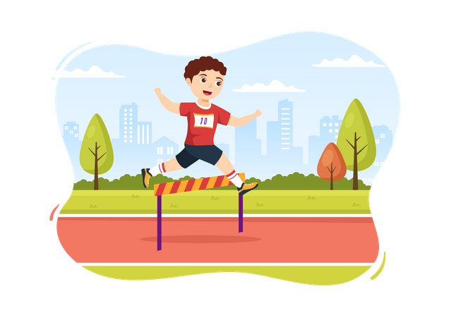 Boy running in hurdle race Illustration
