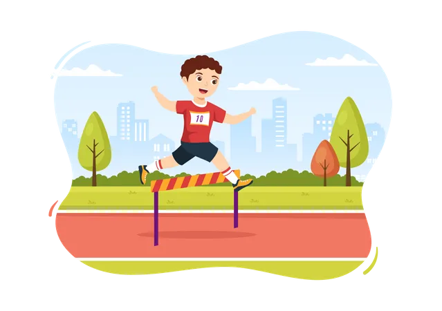 Boy running in hurdle race Illustration