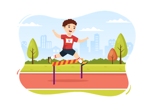 Boy running in hurdle race  Illustration