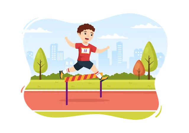 Boy running in hurdle race  Illustration